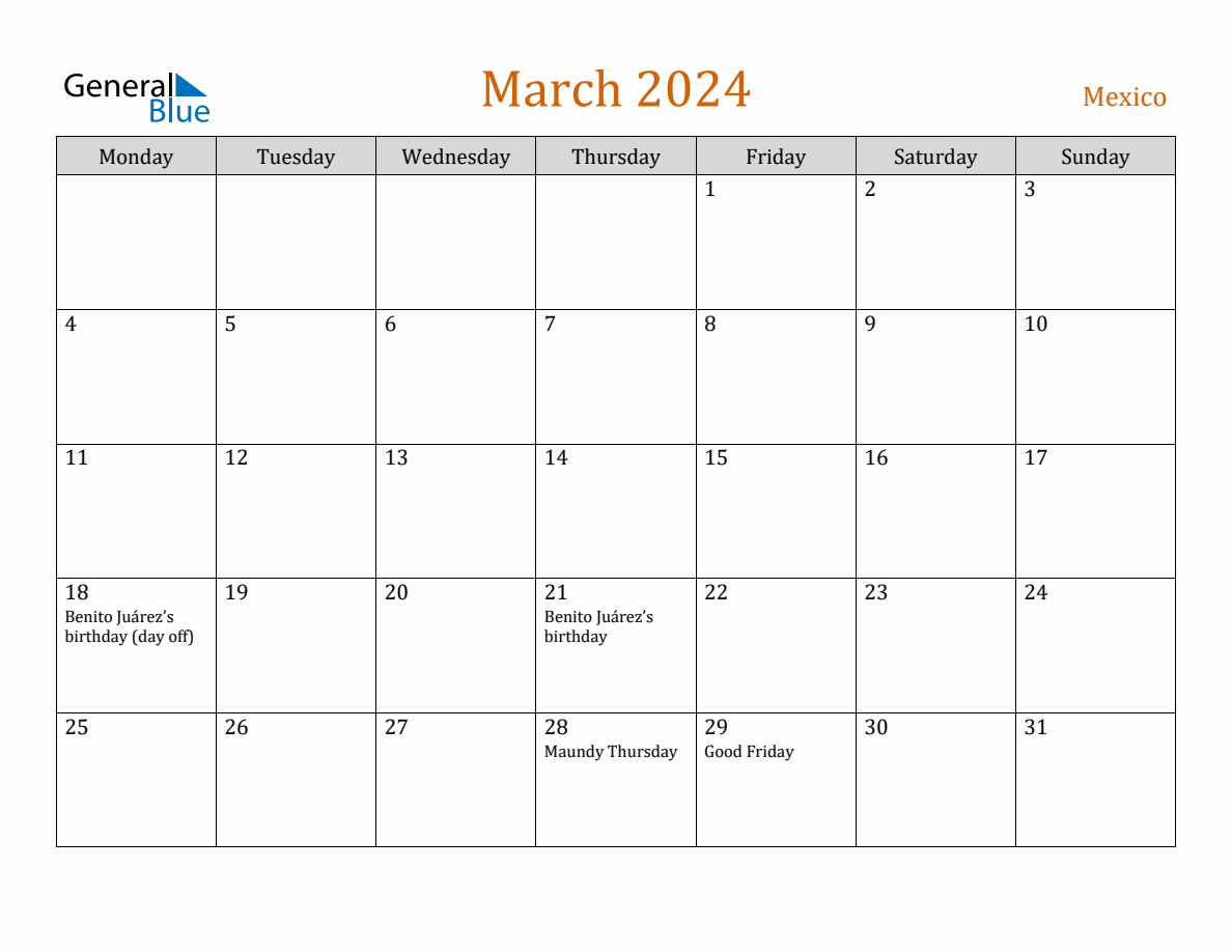 Free March 2024 Mexico Calendar