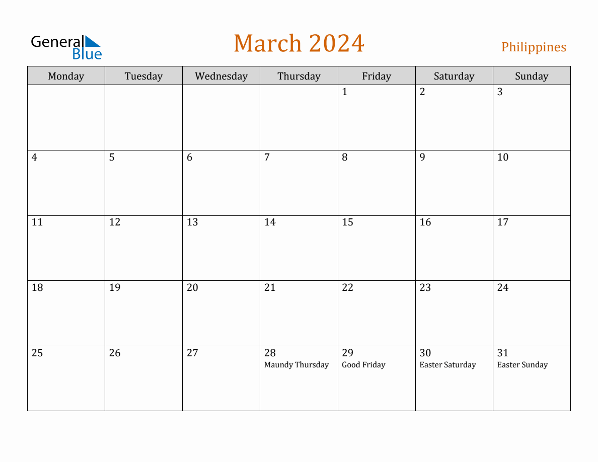 Free March 2024 Philippines Calendar
