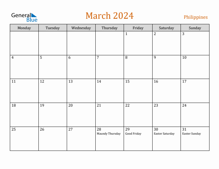 March 2024 Philippines Monthly Calendar with Holidays