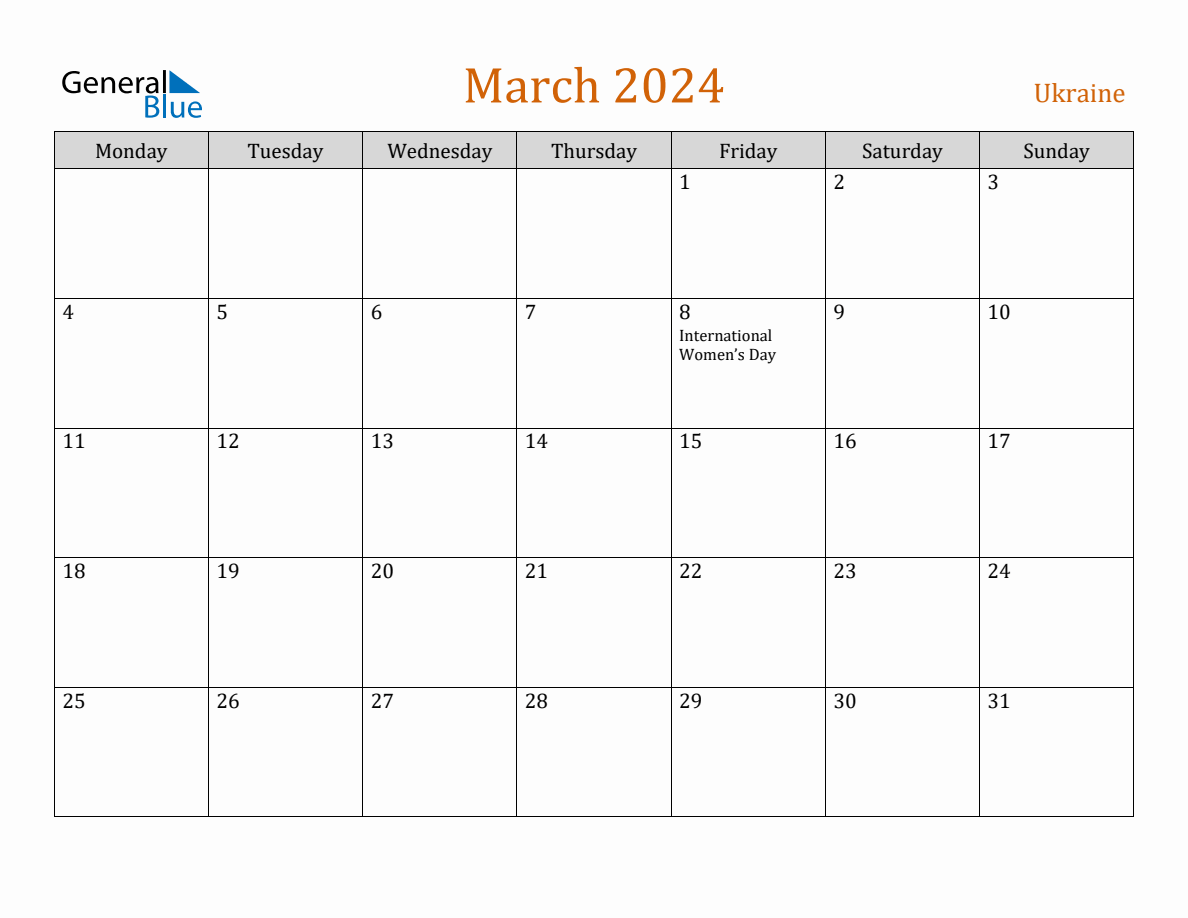 Free March 2024 Ukraine Calendar