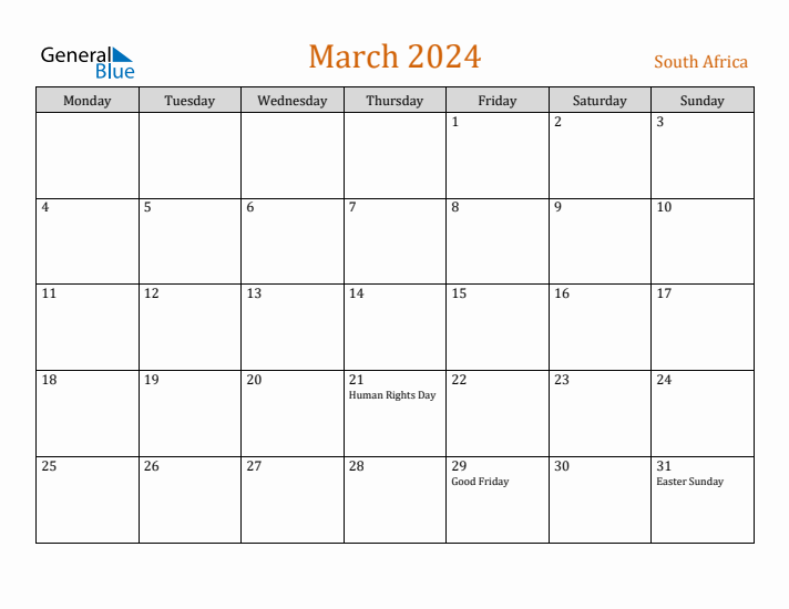 Free March 2024 South Africa Calendar