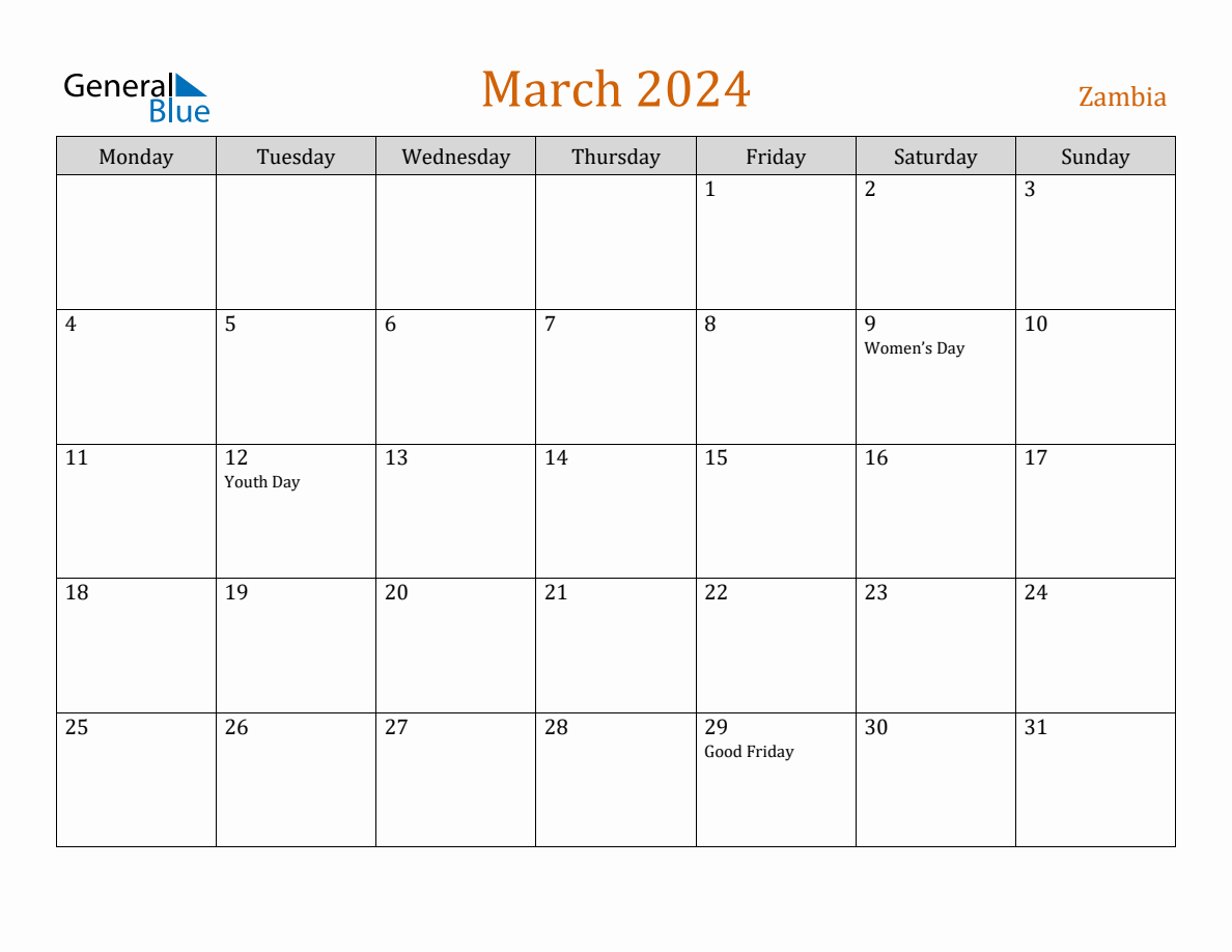 Free March 2024 Zambia Calendar