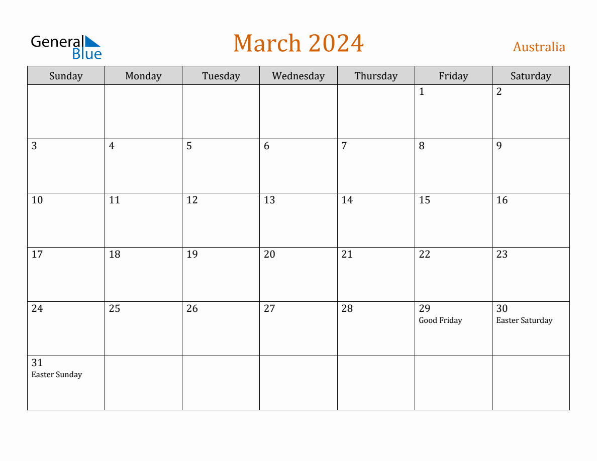 Free March 2024 Australia Calendar