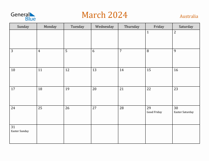 March 2024 Monthly Calendar with Australia Holidays