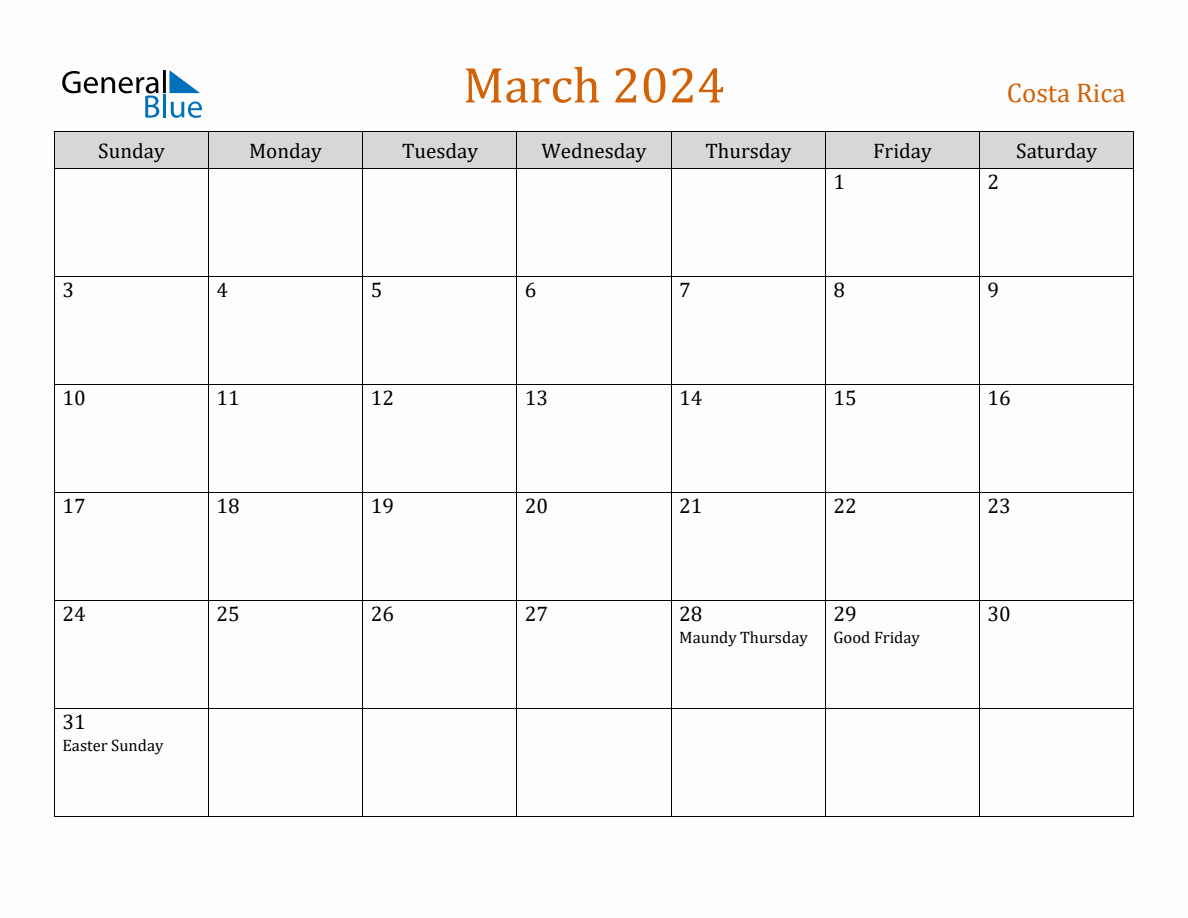 Free March 2024 Costa Rica Calendar