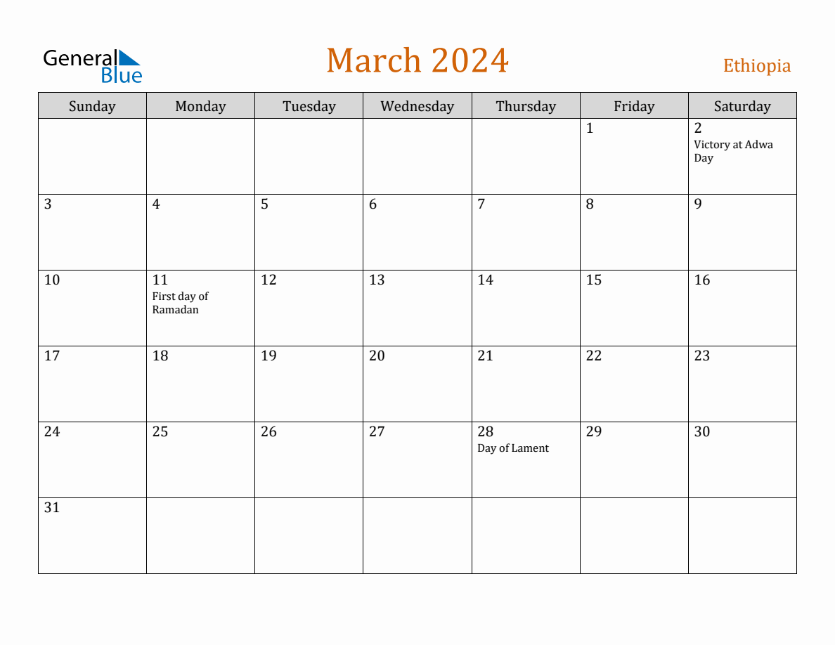 Free March 2024 Ethiopia Calendar