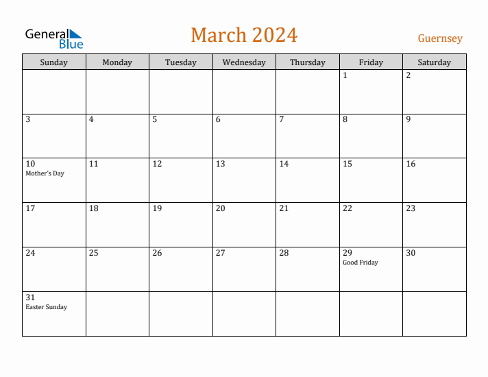 Free March 2024 Guernsey Calendar