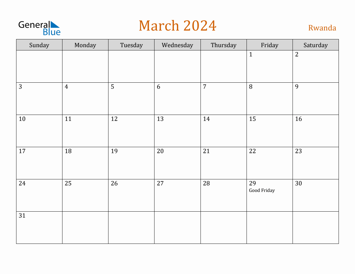 Free March 2024 Rwanda Calendar