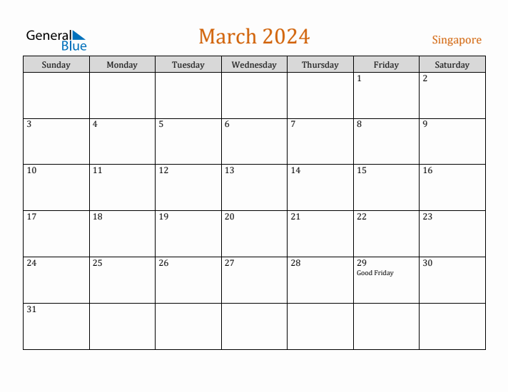 March 2024 Monthly Calendar with Singapore Holidays