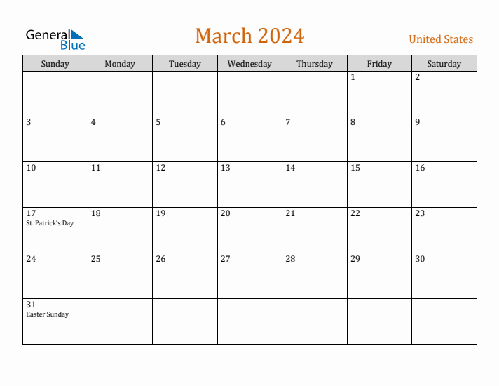 March 2024 Monthly Calendar with United States Holidays