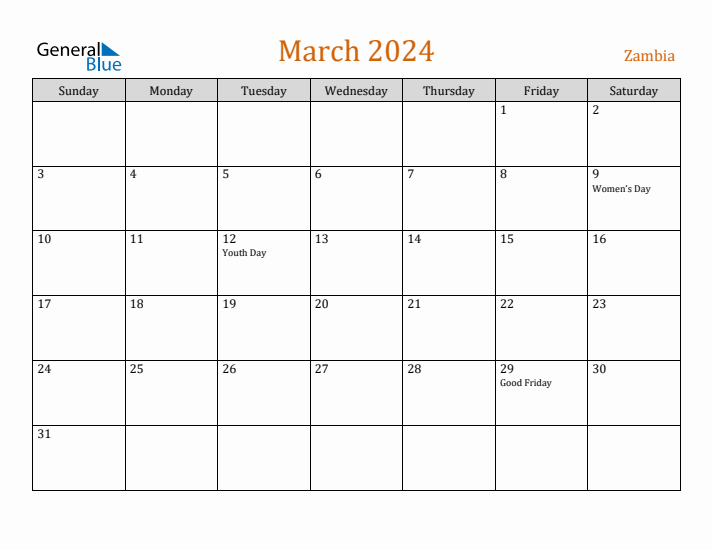March 2024 Monthly Calendar with Zambia Holidays