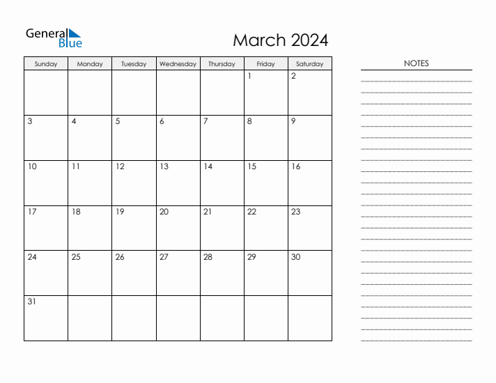 Printable Monthly Calendar with Notes - March 2024
