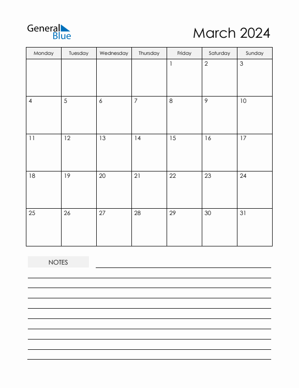 Printable Calendar with Notes - March 2024 