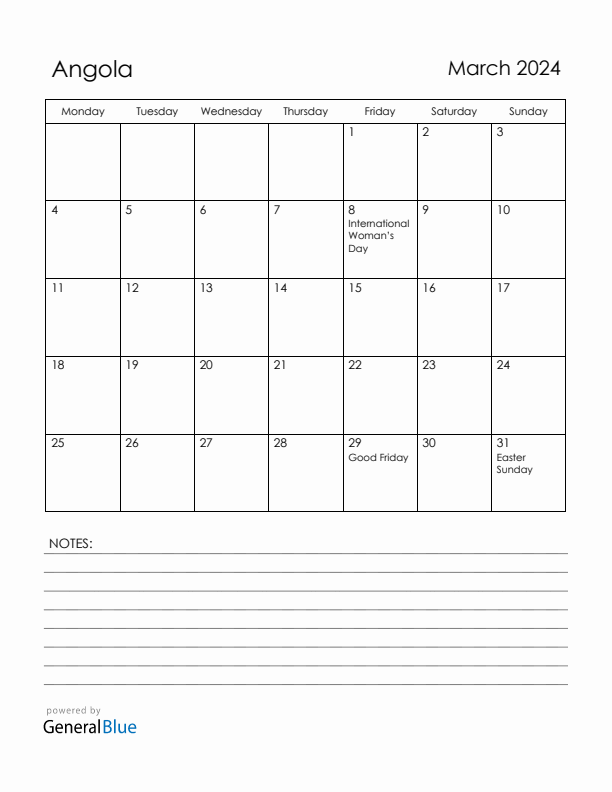 March 2024 Angola Calendar with Holidays (Monday Start)