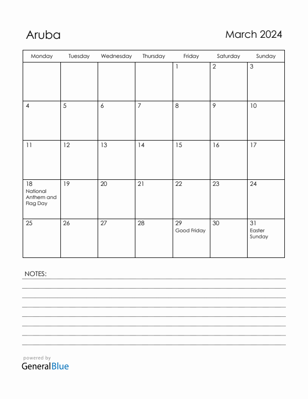 March 2024 Aruba Calendar with Holidays (Monday Start)