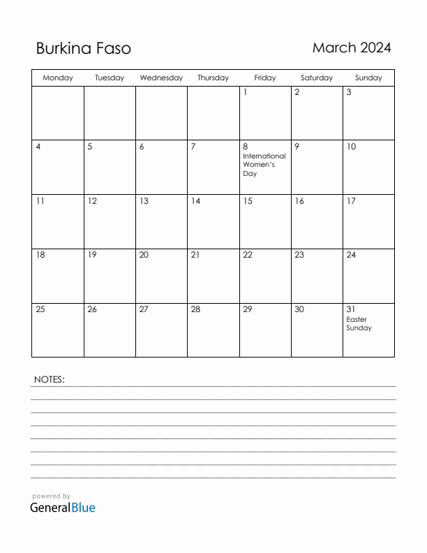 March 2024 Burkina Faso Calendar with Holidays (Monday Start)