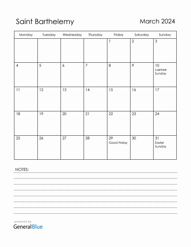 March 2024 Saint Barthelemy Calendar with Holidays (Monday Start)