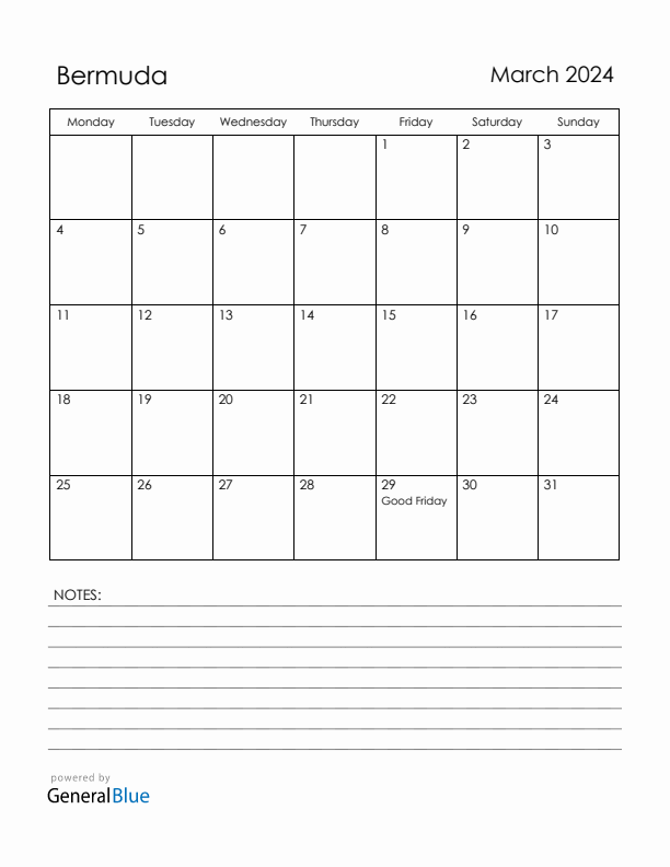 March 2024 Bermuda Calendar with Holidays (Monday Start)