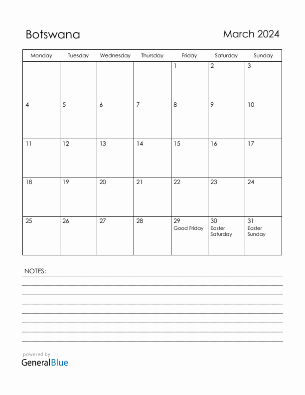 March 2024 Botswana Calendar with Holidays (Monday Start)