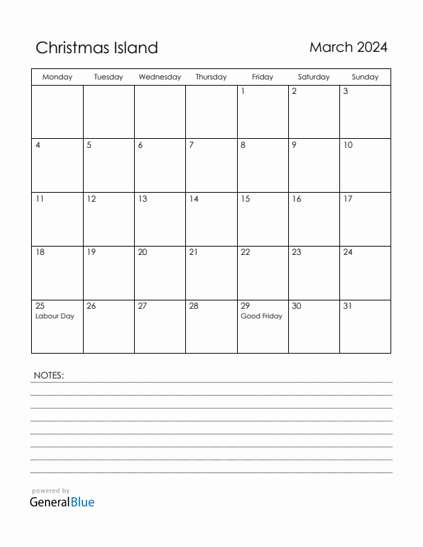March 2024 Christmas Island Calendar with Holidays (Monday Start)