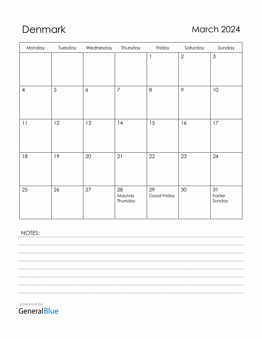March 2024 Denmark Calendar with Holidays