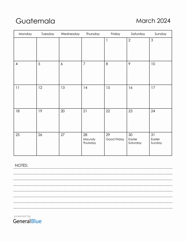 March 2024 Guatemala Calendar with Holidays (Monday Start)