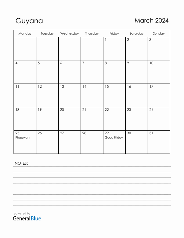 March 2024 Guyana Calendar with Holidays (Monday Start)