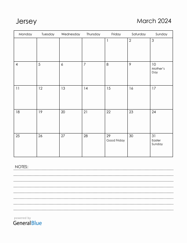 March 2024 Jersey Calendar with Holidays (Monday Start)