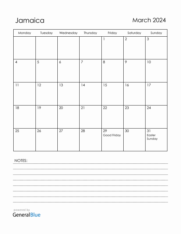 March 2024 Jamaica Calendar with Holidays (Monday Start)