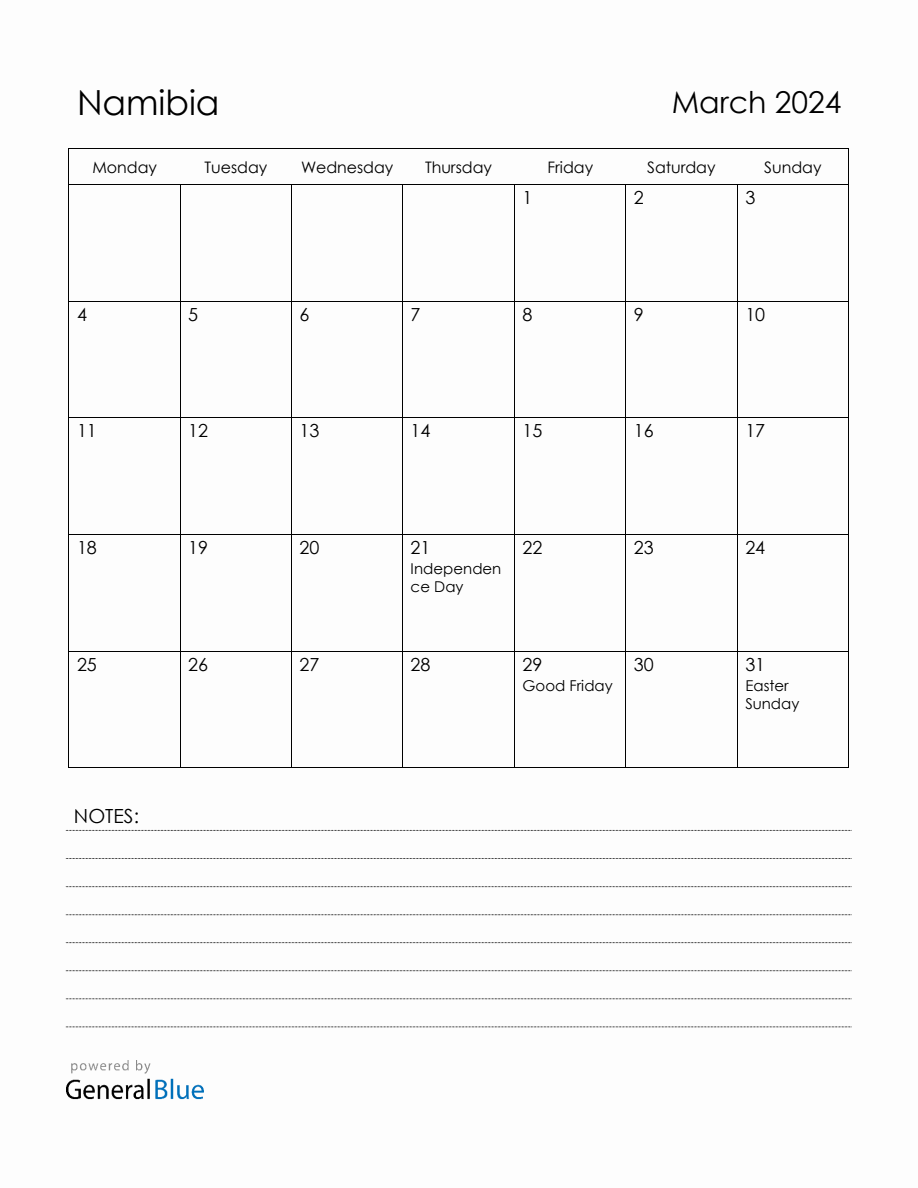 March 2024 Namibia Calendar with Holidays