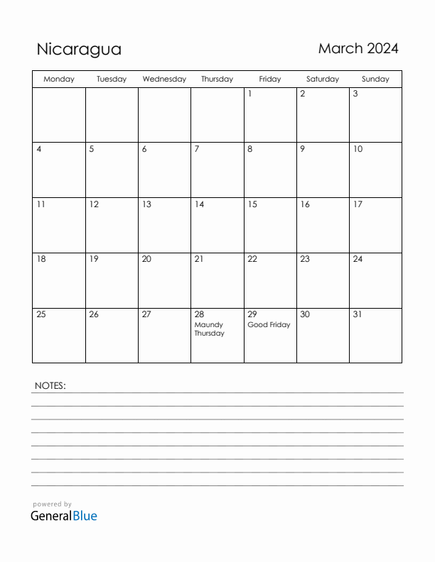 March 2024 Nicaragua Calendar with Holidays (Monday Start)