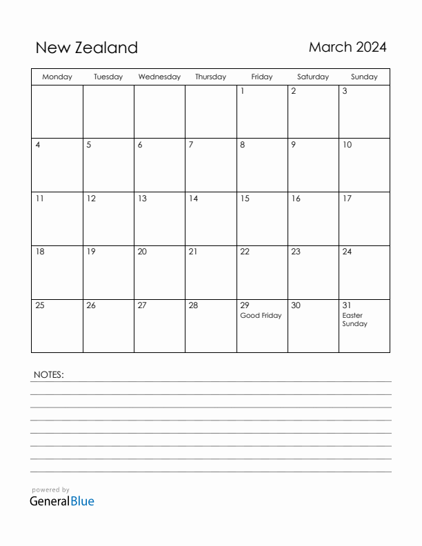 March 2024 New Zealand Calendar with Holidays (Monday Start)
