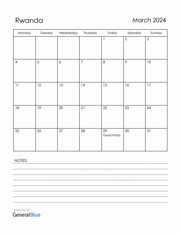 March 2024 Rwanda Calendar with Holidays (Monday Start)