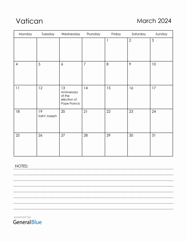 March 2024 Vatican Calendar with Holidays (Monday Start)
