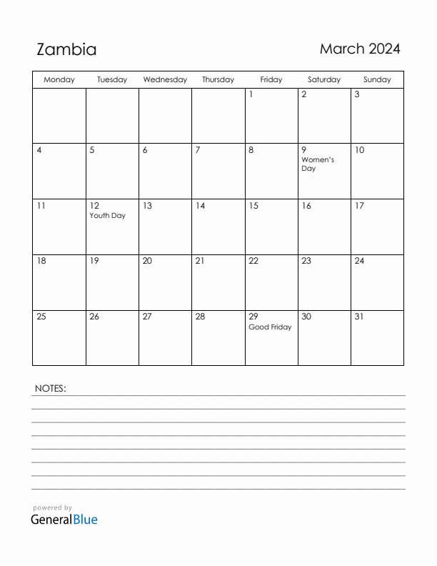 March 2024 Zambia Calendar with Holidays (Monday Start)