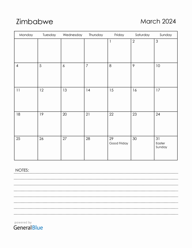 March 2024 Zimbabwe Calendar with Holidays (Monday Start)