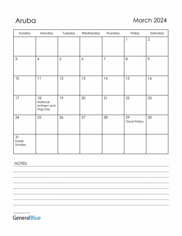 March 2024 Aruba Calendar with Holidays (Sunday Start)