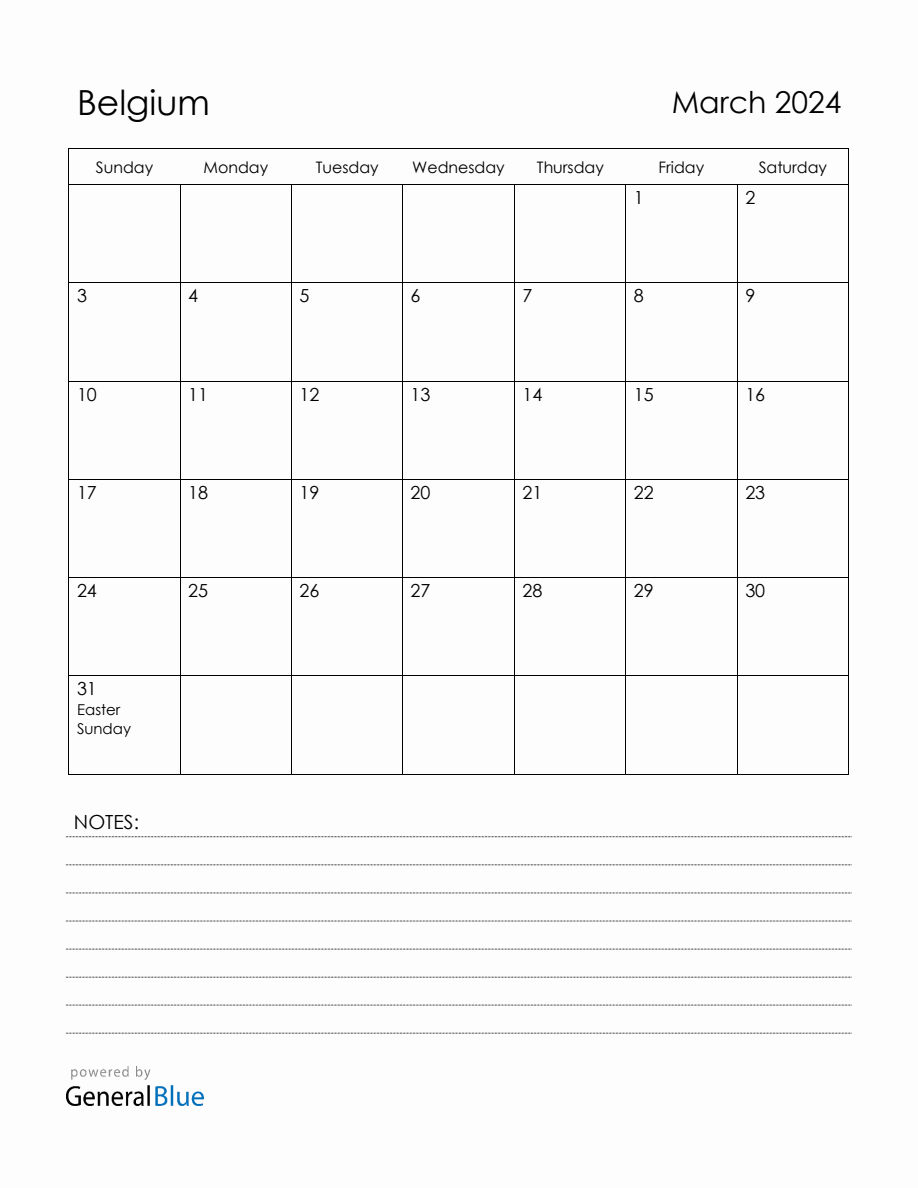 March 2024 Belgium Calendar with Holidays