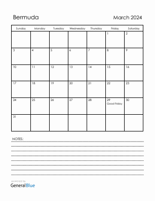 Current month calendar with Bermuda holidays for March 2024
