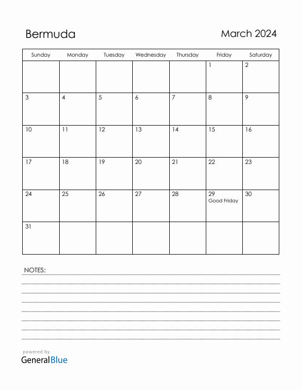 March 2024 Bermuda Calendar with Holidays (Sunday Start)