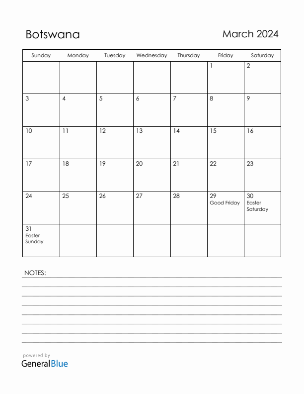 March 2024 Botswana Calendar with Holidays (Sunday Start)