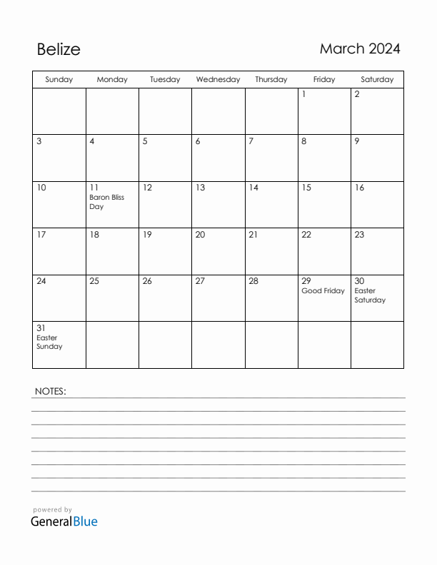 March 2024 Belize Calendar with Holidays (Sunday Start)