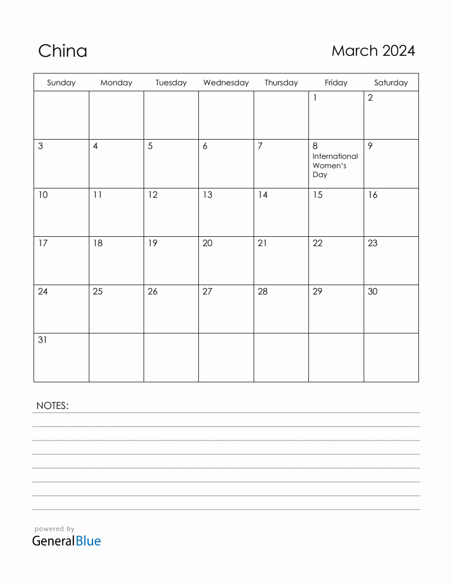 March 2024 China Calendar with Holidays