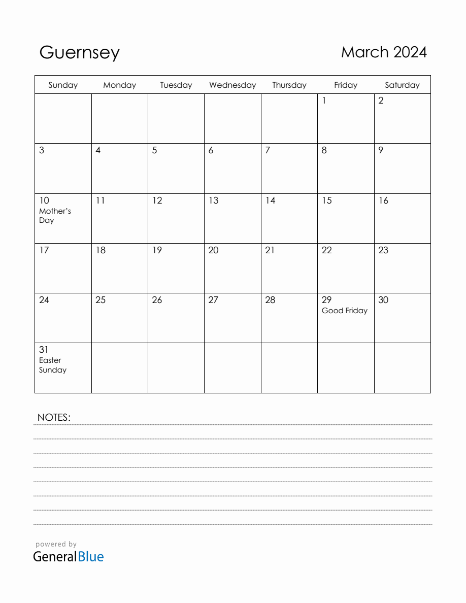 March 2024 Guernsey Calendar with Holidays