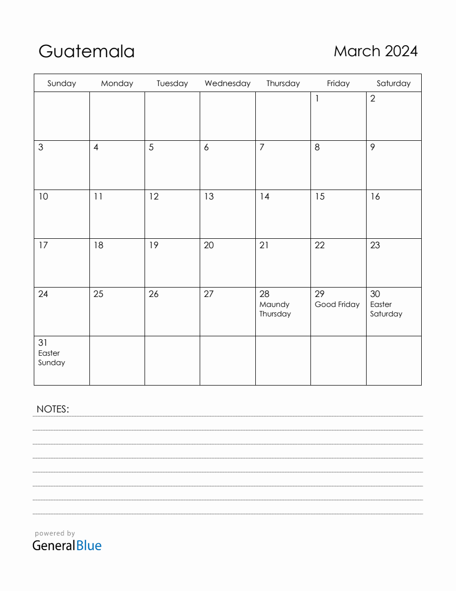 March 2024 Guatemala Calendar with Holidays