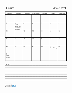 Current month calendar with Guam holidays for March 2024