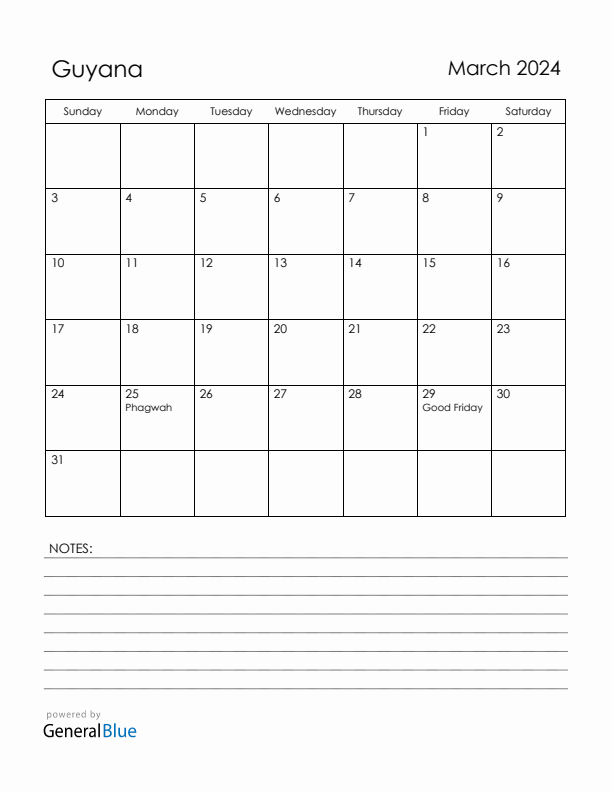 March 2024 Guyana Calendar with Holidays (Sunday Start)