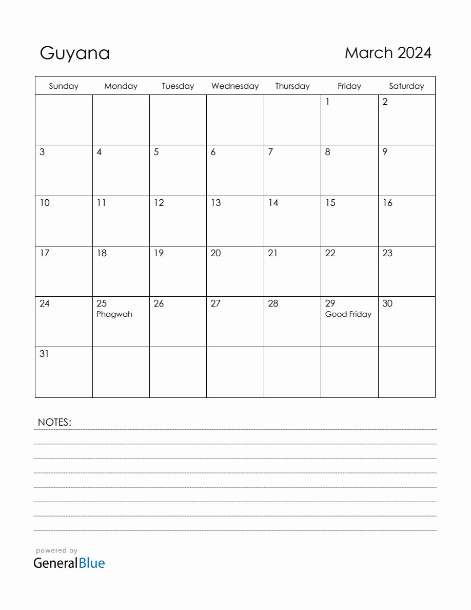 March 2024 Guyana Calendar with Holidays