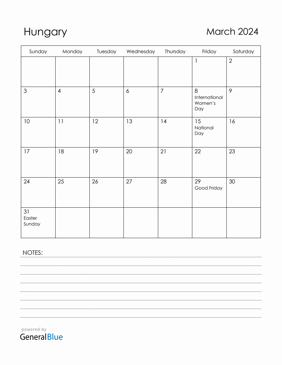 March 2024 Hungary Calendar with Holidays