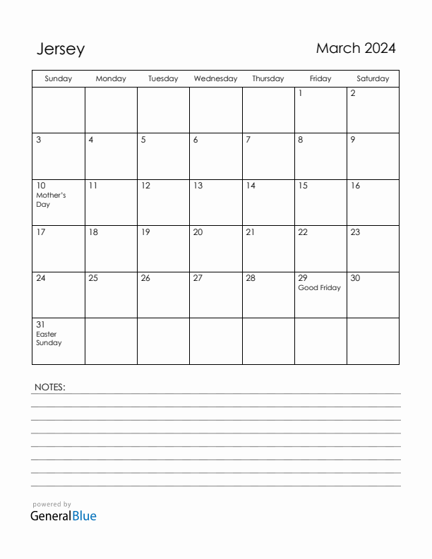 March 2024 Jersey Calendar with Holidays (Sunday Start)